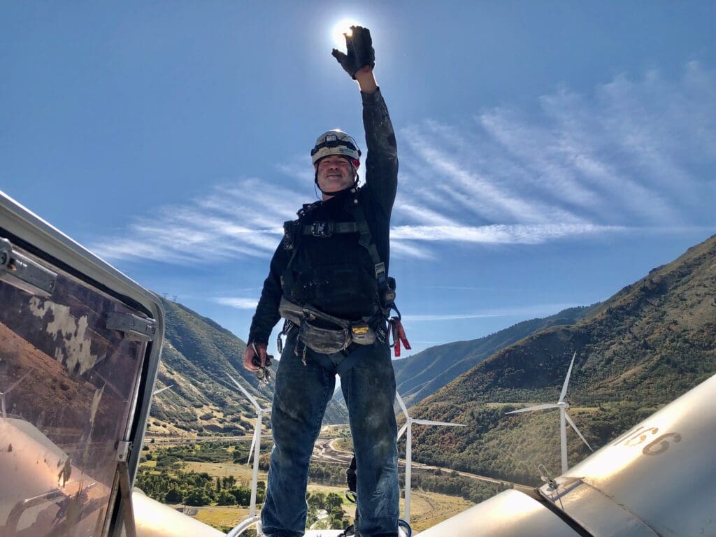 Michael Martin on wind turbine near Spanish Fork, Utah