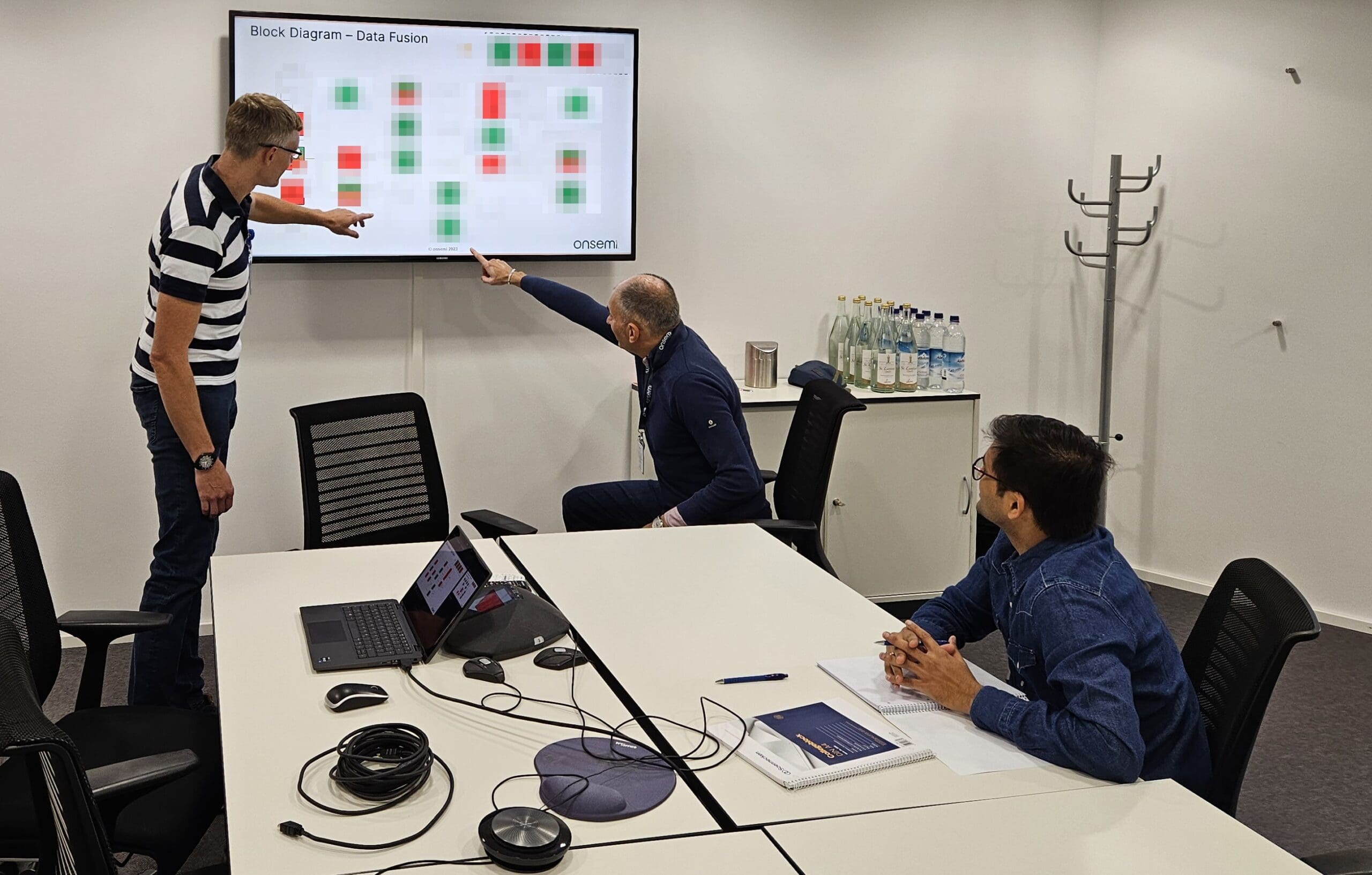 Matthias Ulmann Field Applications Manager with colleagues Riccardo and Sushrut doing a review of a block diagram proposal for a data fusion application
